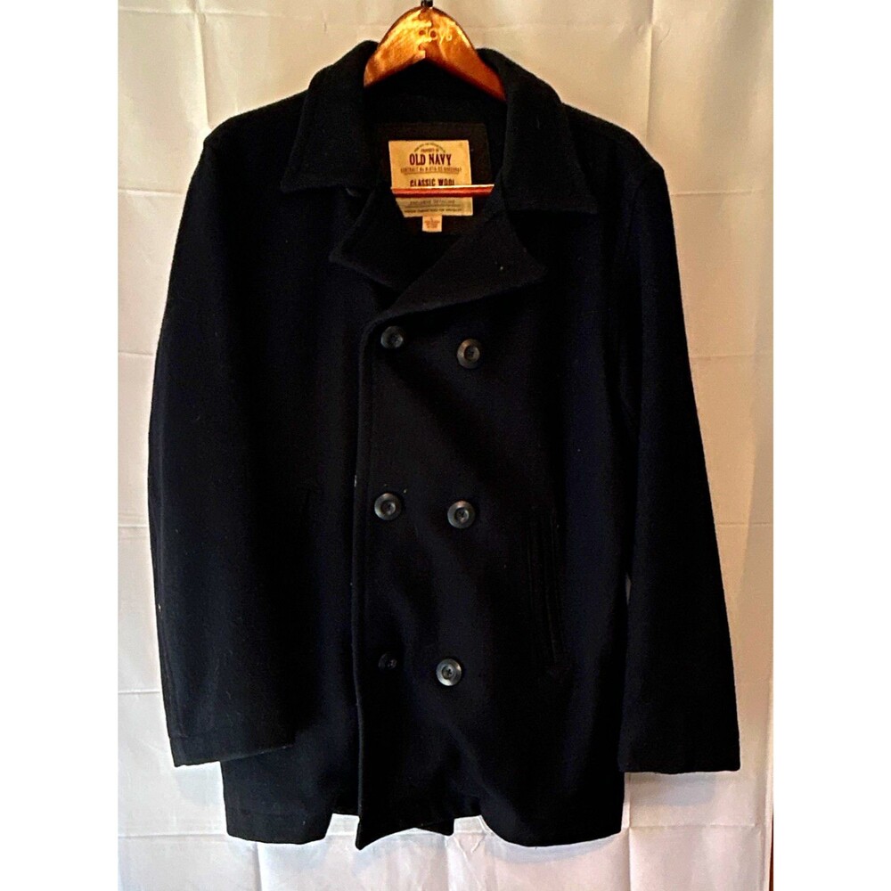 Old Navy Mens Classic Wool Blend Pea Coat Jacket Black Navy Blue Double Breasted